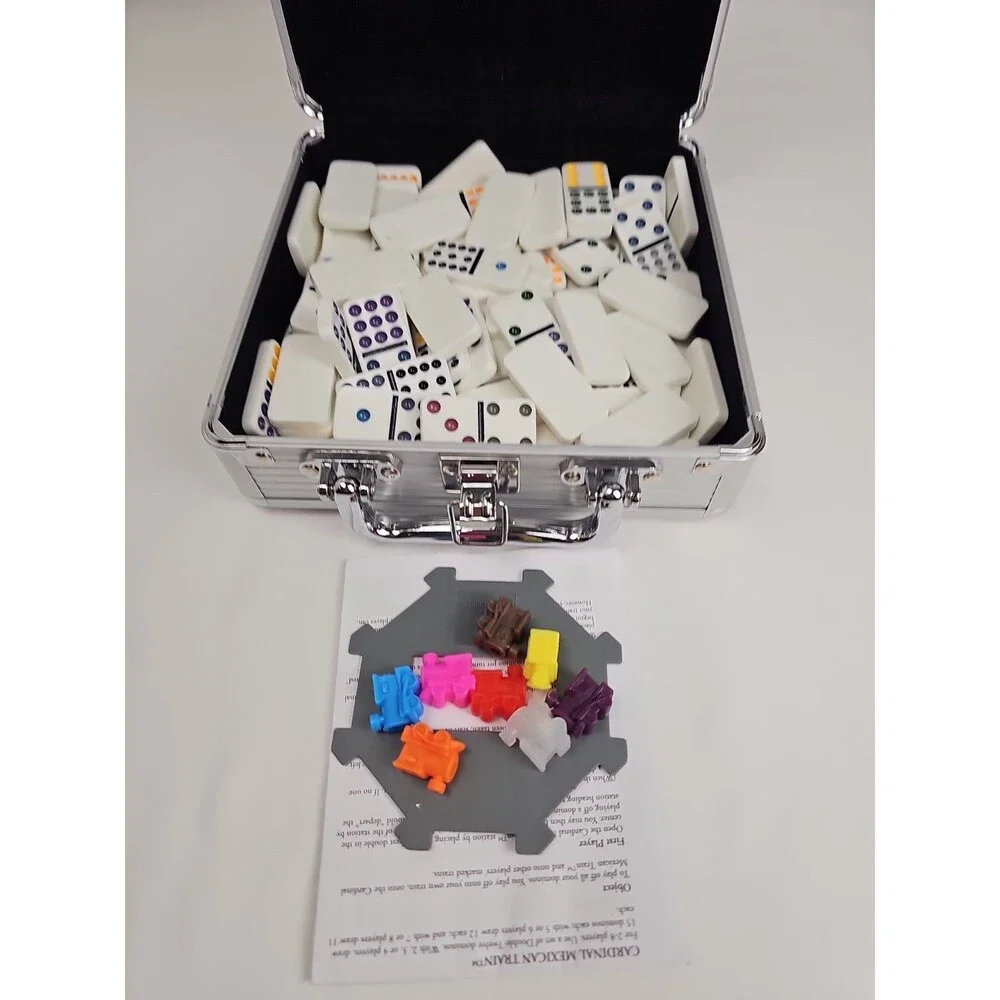 Double 12 Colored Dot Dominoes Mexican Train Game with Aluminum Case - 91 Tiles